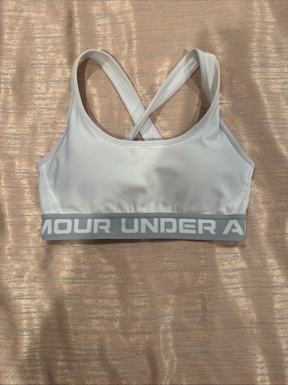 Under Armour White Crossback Light Support Sports Bra size S with Gray Logo Band